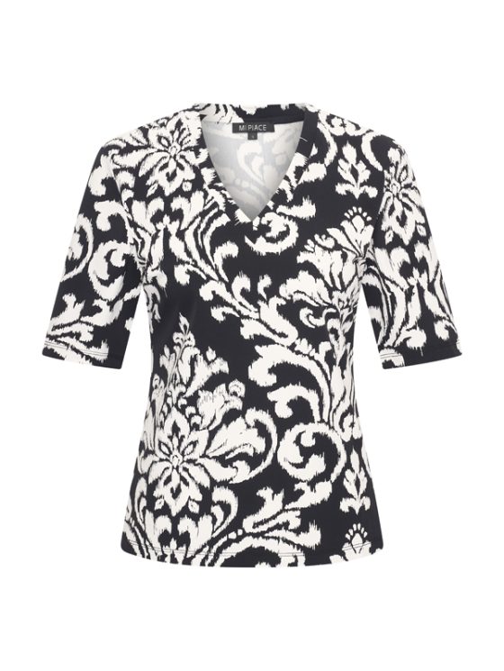 Mi Piace Travelstof Top V-Hals zwart offwhite ornament print 202271