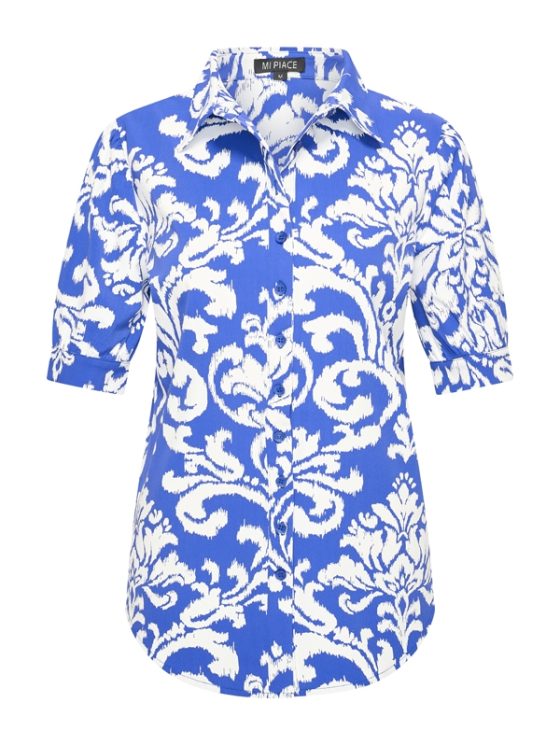 Mi Piace Travelstof Blouse Korte Mouw cobalt offwhite ornament print 202270