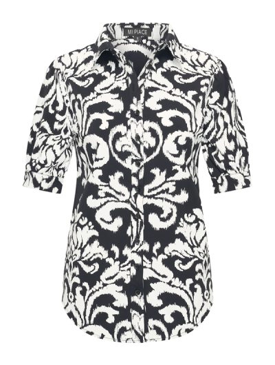 Mi Piace Travelstof Blouse Korte Mouw zwart offwhite ornament print 202270