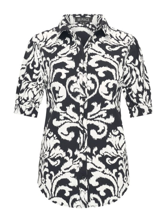 Mi Piace Travelstof Blouse Korte Mouw zwart offwhite ornament print 202270