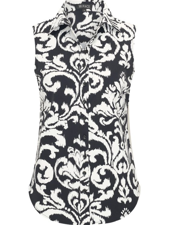 Mi Piace Travelstof Blouse Mouwloos zwart offwhite ornament print 202299