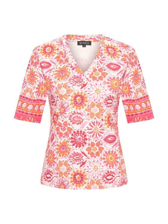 Mi Piace Travelstof Top V-Hals fuchsia tiles print 202271