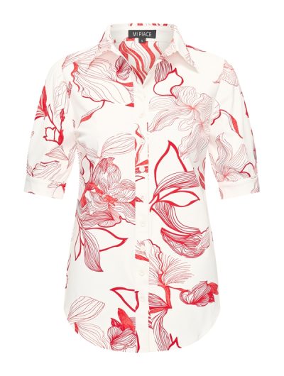 Mi Piace Travelstof Blouse Korte Mouw offwhite rood line flower print 202270