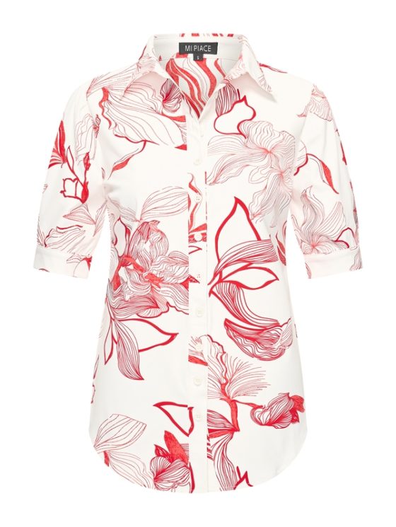 Mi Piace Travelstof Blouse Korte Mouw offwhite rood line flower print 202270 - Afbeelding 4