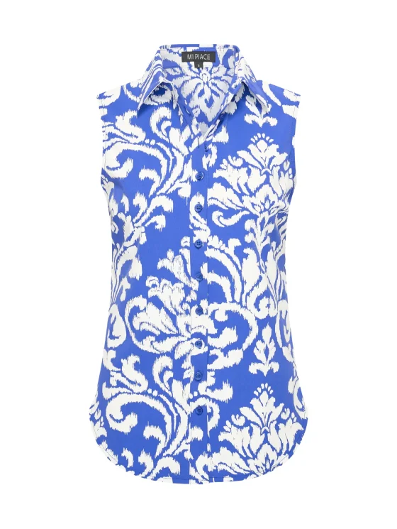 Mi Piace Travelstof Blouse Mouwloos cobalt offwhite ornament print 202299