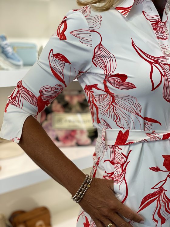 Mi Piace Travelstof Jurk Line Flower Print offwhite rood - Afbeelding 4