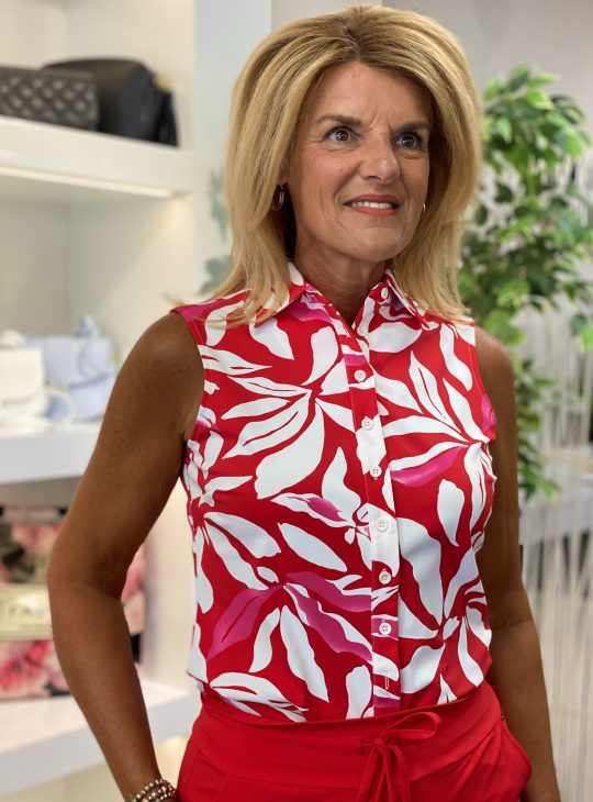 Mi Piace Travelstof Blouse Mouwloos rood offwhite flower print 202299