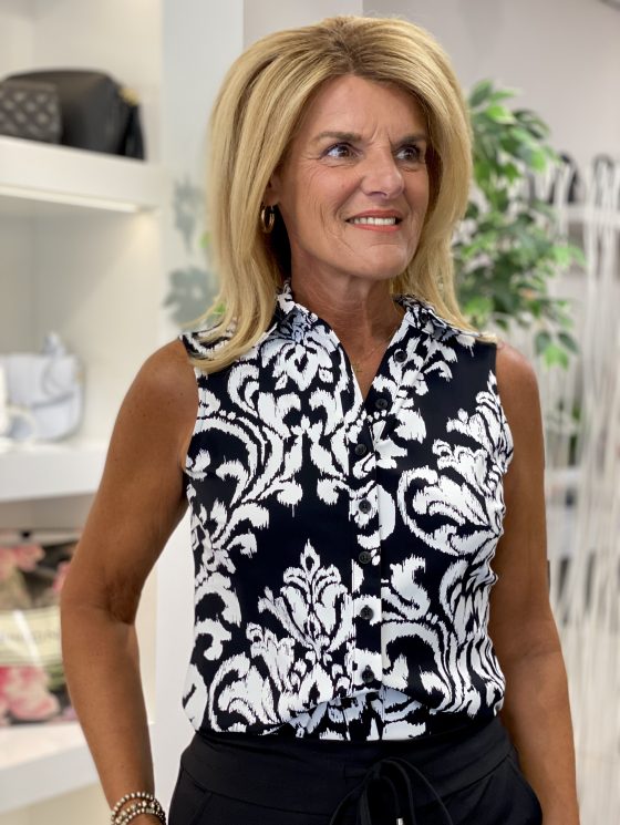 Mi Piace Travelstof Blouse Mouwloos zwart offwhite ornament print 202299