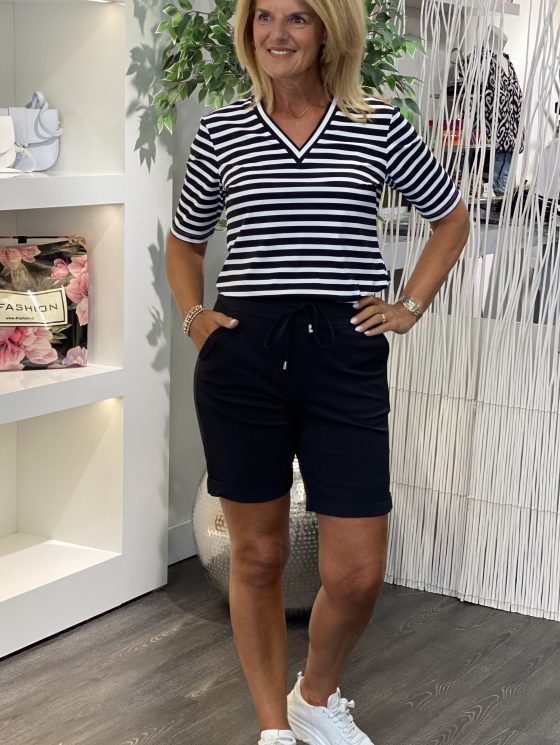 Mi Piace Travelstof Top V-Hals zwart offwhite stripe 202271 - Afbeelding 2