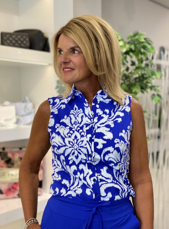 Mi Piace Travelstof Blouse Mouwloos cobalt offwhite ornament print 202299