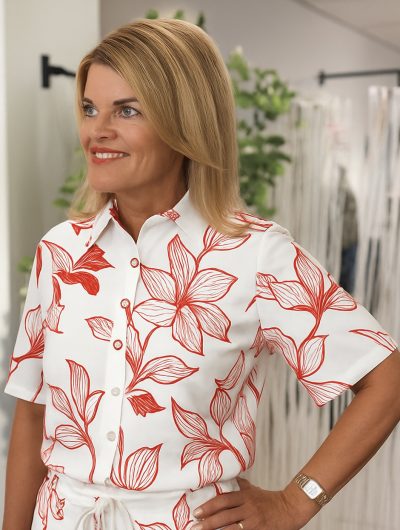 Mi Piace Travelstof Blouse Korte Mouw off white red line flower print 202502