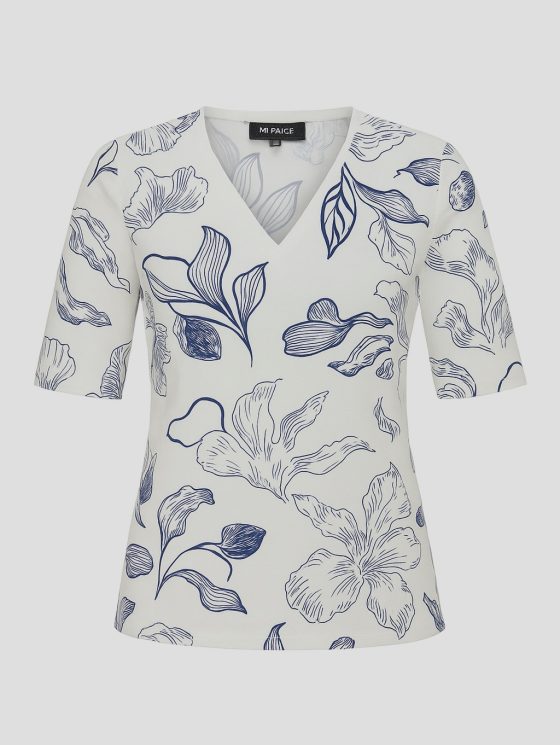 Mi Piace Travelstof Top V-Hals dark blue light blue line flower print 202271