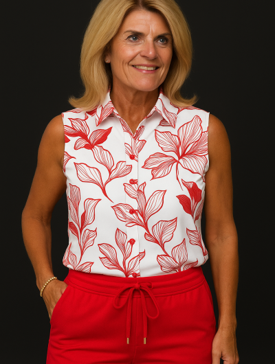 Mi Piace Travelstof Blouse Mouwloos off white red line flower print 202299