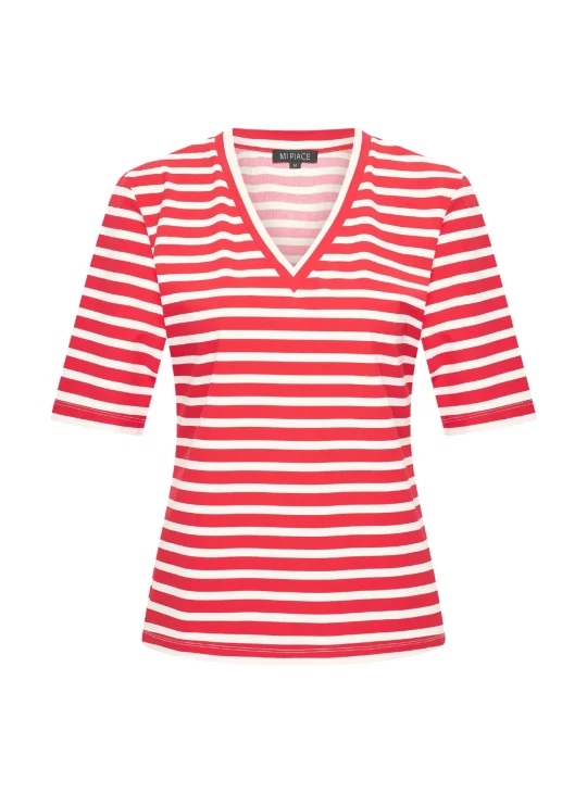 Mi Piace Travelstof Top V-Hals rood offwhite stripe 202271