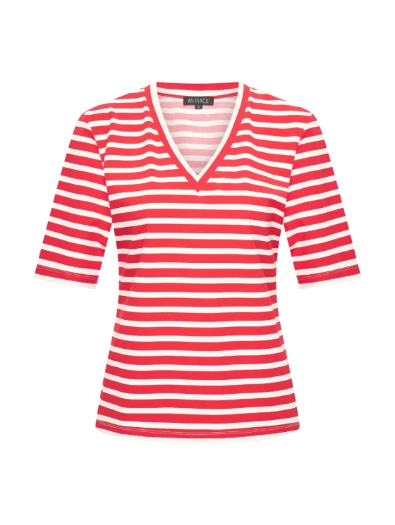 Mi Piace Travelstof Top V-Hals rood offwhite stripe 202271