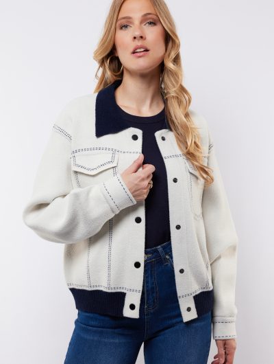 C&S Clemence Knit Jacket wool white midnight blue