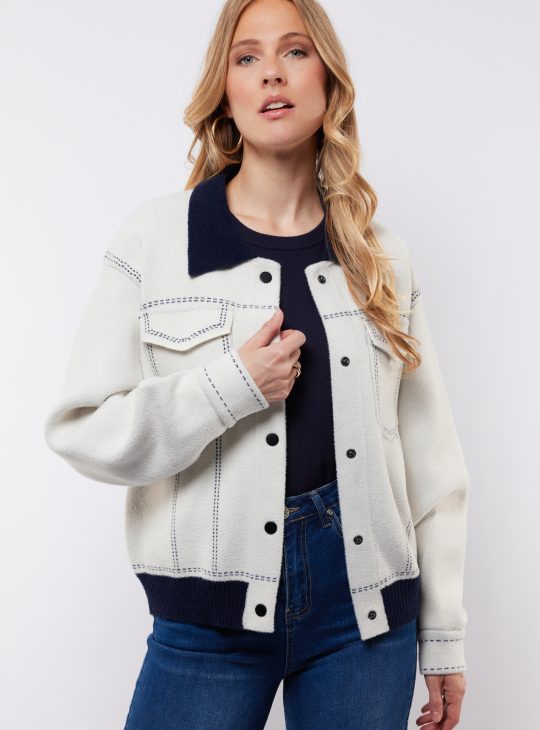 C&S Clemence Knit Jacket wool white midnight blue