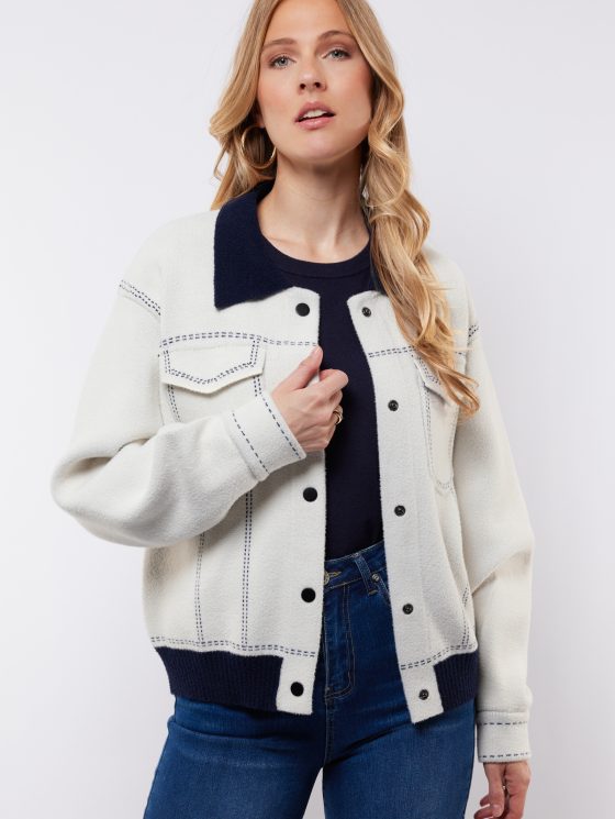 C&S Clemence Knit Jacket wool white midnight blue