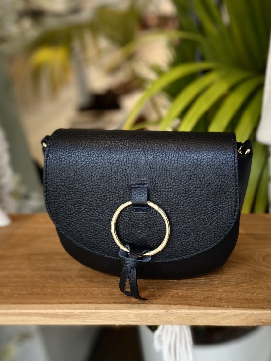 Crossbody Tas Zwart Leer Gouden Ring T220