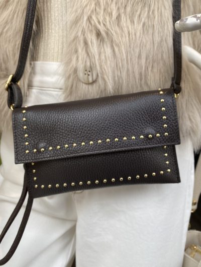 Portemonnee Tas Leer Dark Brown/Goud Studs T282
