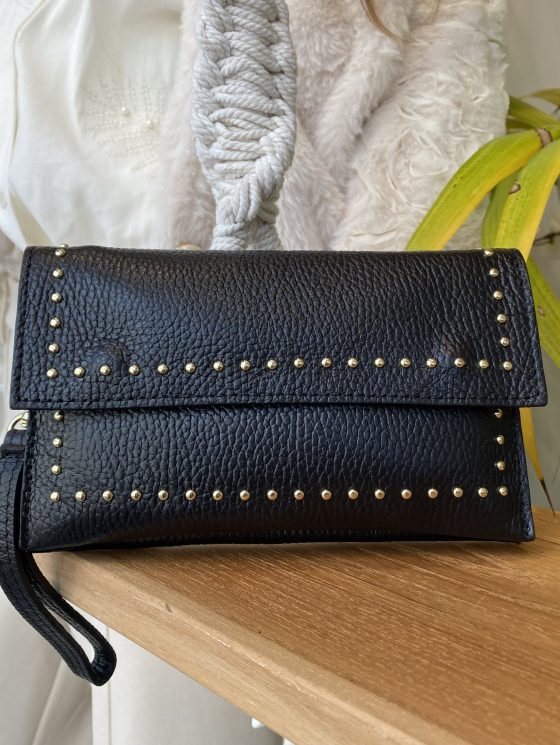 Portemonnee Tas Leer Zwart/Goud Studs T282