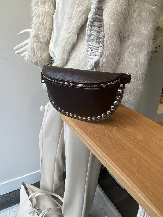 Debby Tas Leer Studs Dark Brown/Goud T288 - Afbeelding 2