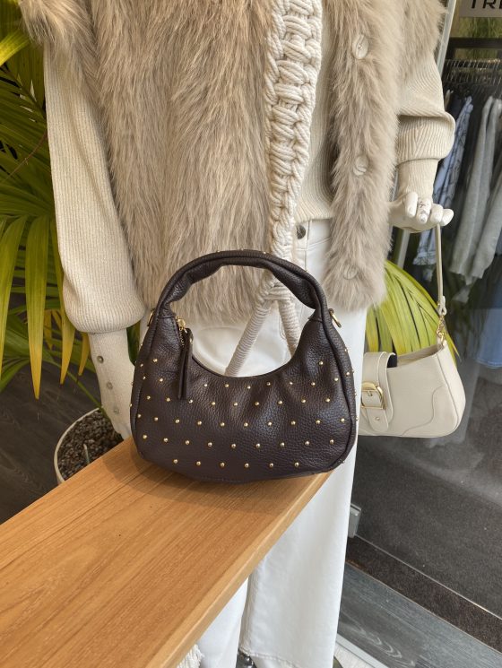 Handtas Lala Leer Studs Donkerbruin/Goud T317 - Afbeelding 2