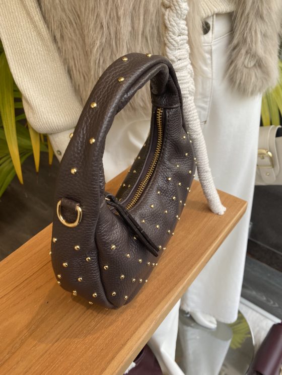 Handtas Lala Leer Studs Donkerbruin/Goud T317 - Afbeelding 3
