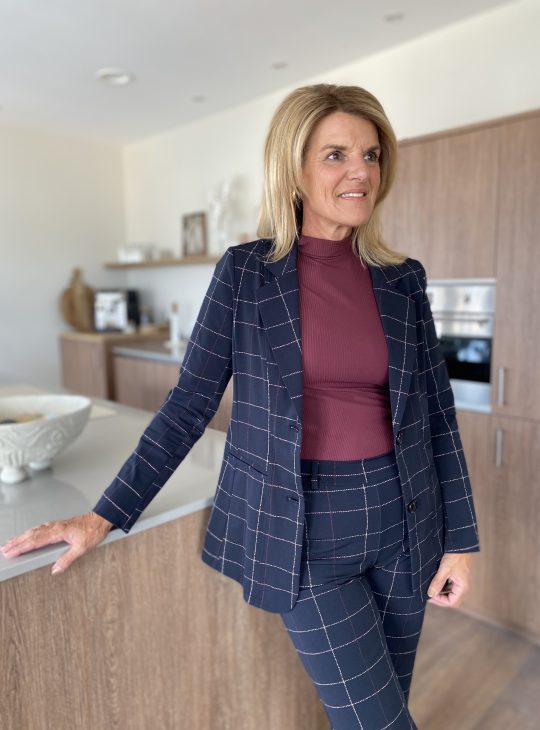 Mi Piace Halflange Travelstof Blazer 202102 check herringbone print black burgundy