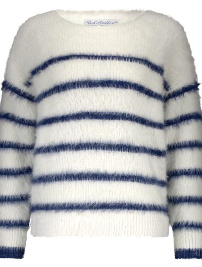 Red Button Fuzzy Sweater & Stripe ecru/indigo