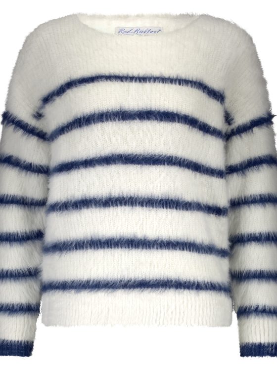 Red Button Fuzzy Sweater & Stripe ecru/indigo