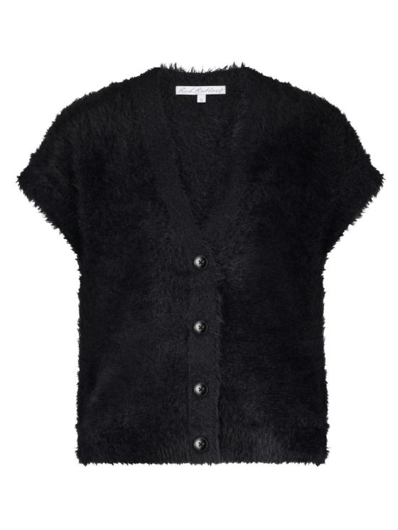 Red Button Sleeveless Fuzzy Gilet zwart