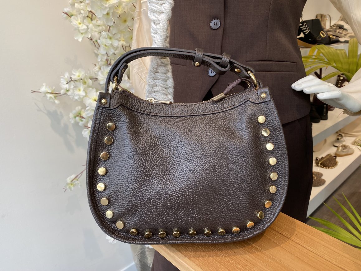 Juna Schoudertas Leer Studs Dark Brown/Goud T354