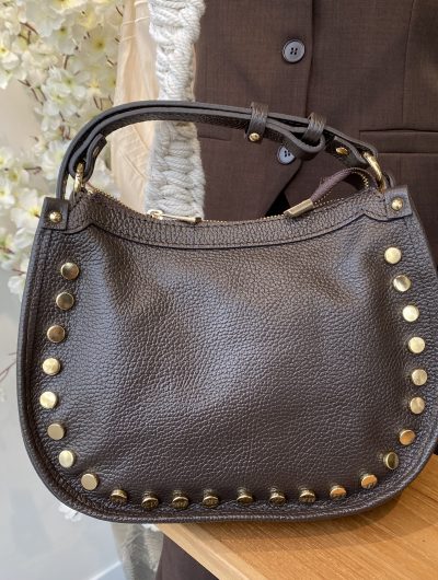 Juna Schoudertas Leer Studs Dark Brown/Goud T354