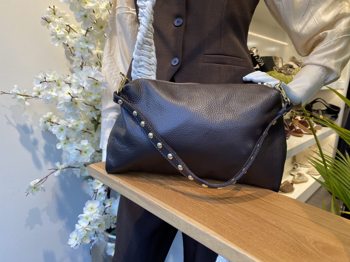 Loux Schoudertas Leer Studs Donkerbruin/Goud T358 - Afbeelding 3