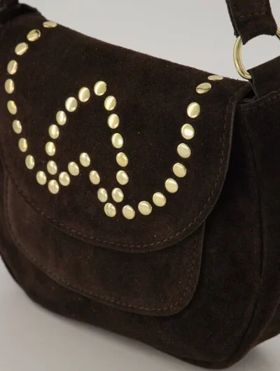 Winona Crossbody Tas Suede Studs Donker Bruin/Goud T281