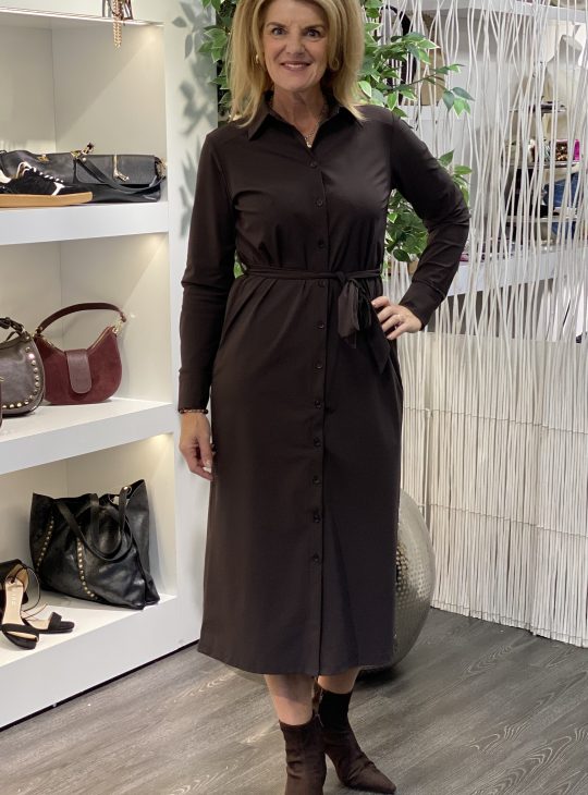 Mi Piace Travelstof Lange Doorknoop Jurk 202710 espresso