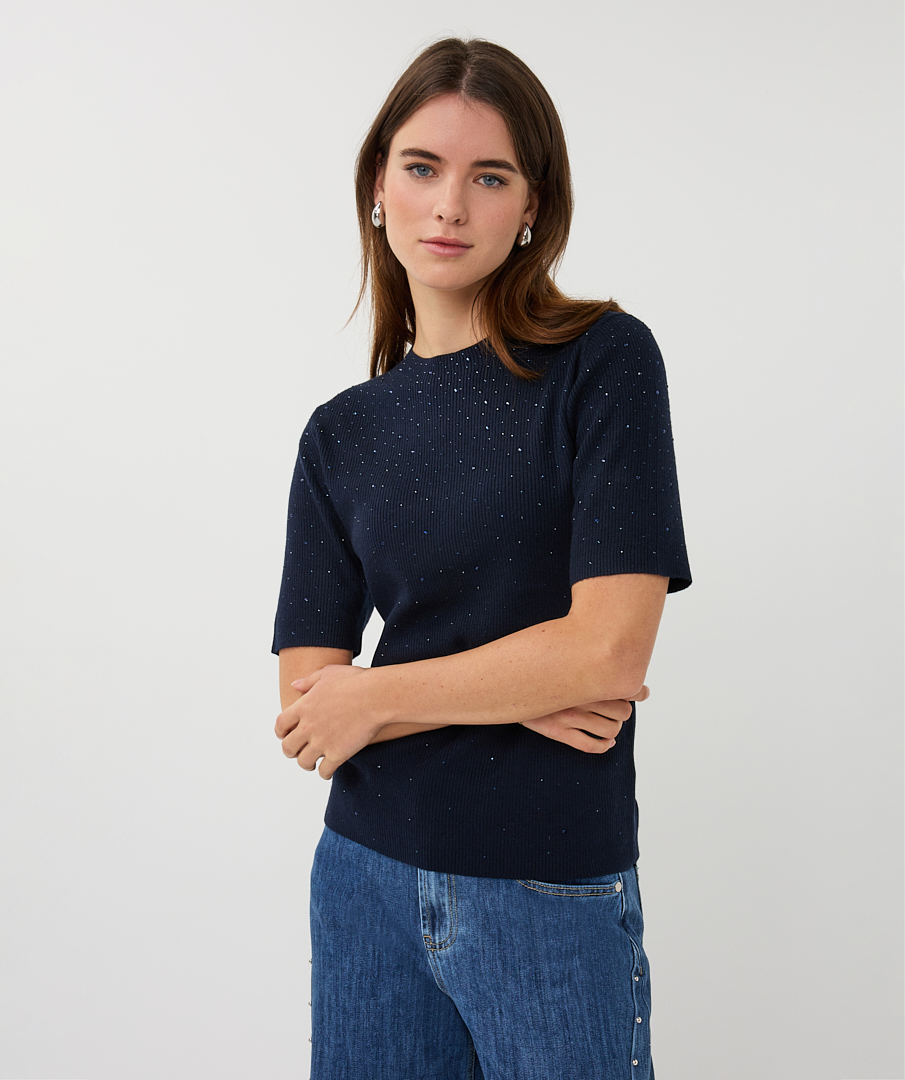 Esqualo Top Rib Short Sleeve Sequins SP26.02034 navy