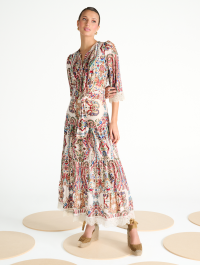 K-Design Maxi Jurk met Design en Kant C301 P095 multicolor