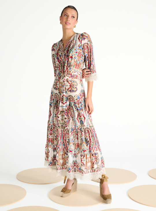 K-Design Maxi Jurk met Design en Kant C301 P095 multicolor